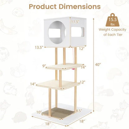Modern white and wood 4-tier Purrfect Pet Kingdom cat tree with top condo and scratching pads. Dimensions shown.