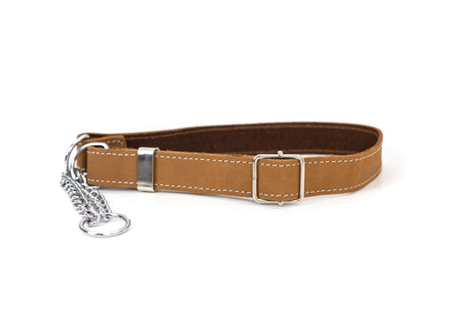 Martingale Khaki Leather Dog Collar - Leather Dog Collar - Euro - Dog Collars and Leads - XL 1" Width 22" - 26" Neck Size - 691054808980