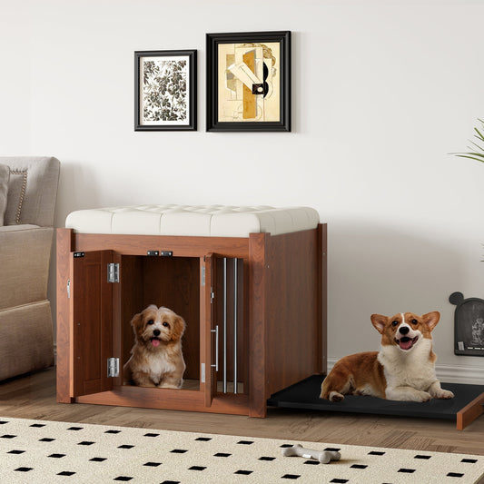 2 In 1 Walnut Dog Crate Nightstand With Storage