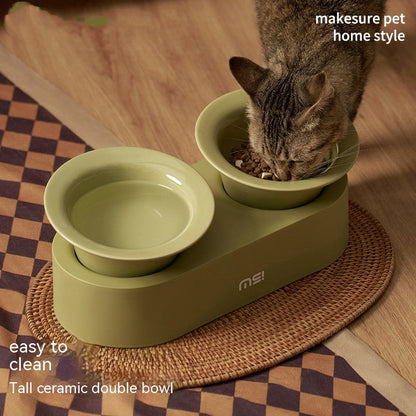 Purrfect Pet Kingdom Cat Dog Ceramic Double Bowl (Suit, Horn Cat Bowl Green) - Premium Pet Bowls & Feeders