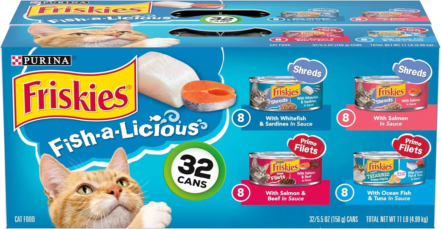 32Ct 5.5oz Friskies Fish-A-Licious Variety Pack from The Family Pet, featuring colorful packaging and assorted flavors for...