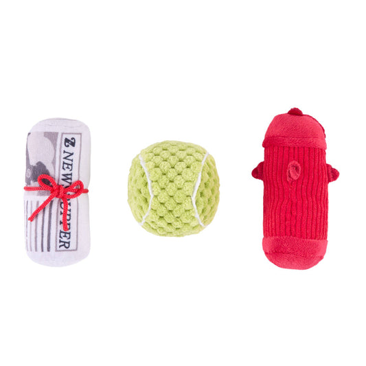 Dog's Best Friends Miniz Tennis Ball, Fire Hydrant, Newspaper Plush Dog Toy Set - 3 Pack