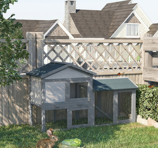 Wooden Outdoor Rabbit Hutch & Bunny Cage with Run Area - Gray