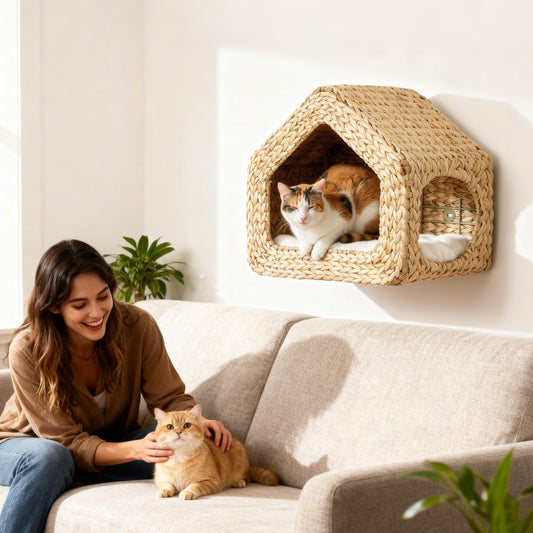 Purrfect Pet Kingdom Wall Mounted Cat House, Cat Wall Furniture, Cat Wall Shelf w (Natural Wood, 420x275x365 mm) - Premium Cat Trees & Furniture