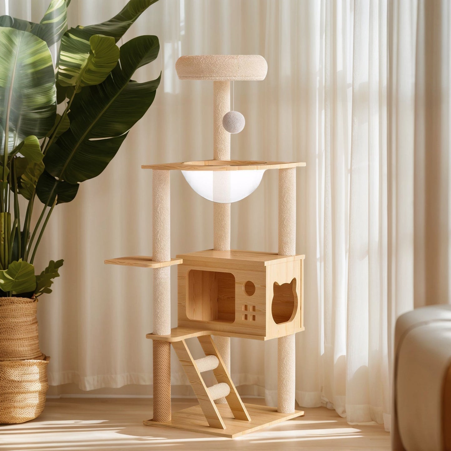 HouseOfZazla 48.8' modern wood cat tower with condo, clear bowl hammock, top perch, and ladder in natural and cream.