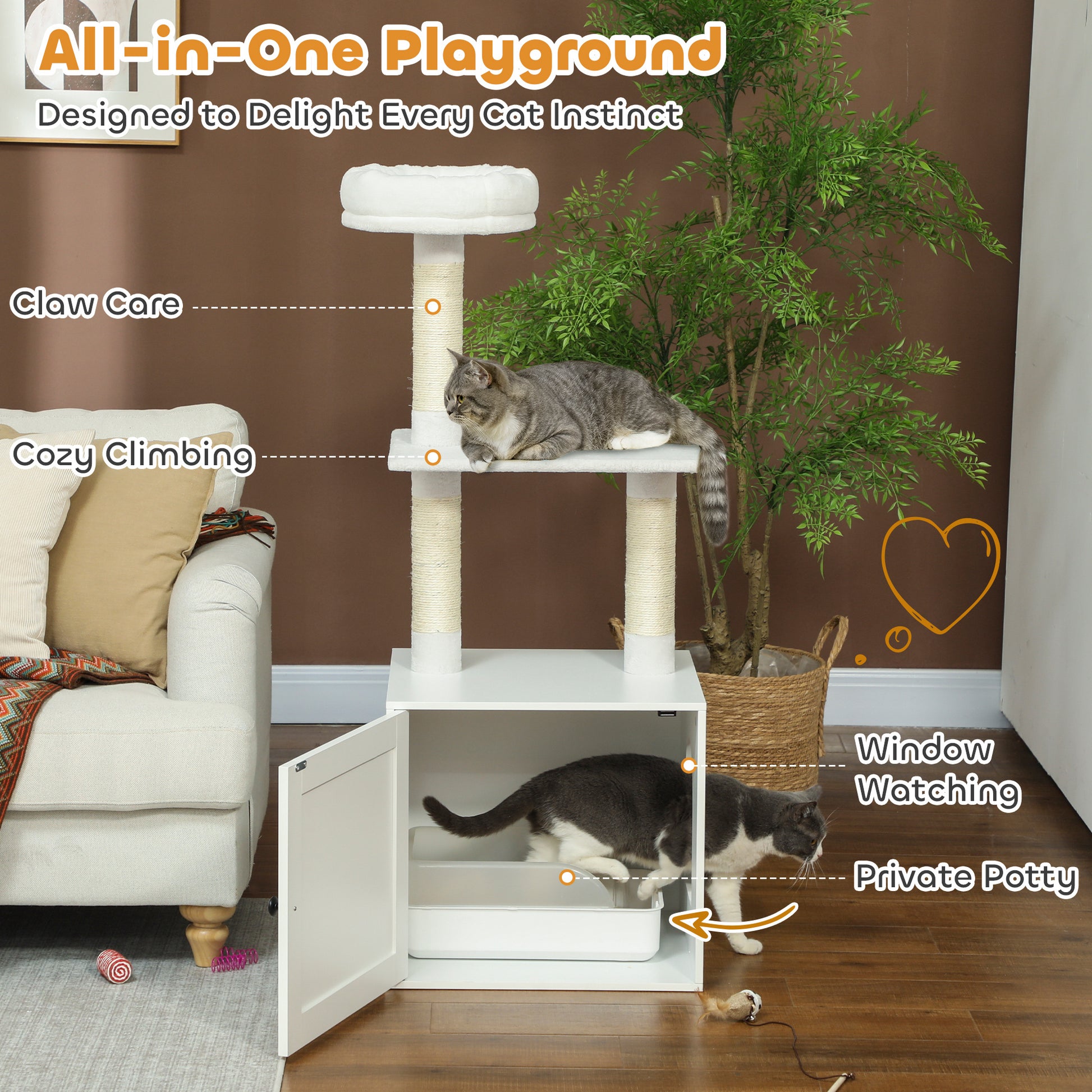 White Purrfect Pet Kingdom cat tree with litter box base, scratching posts, and bed. Two cats use different levels.