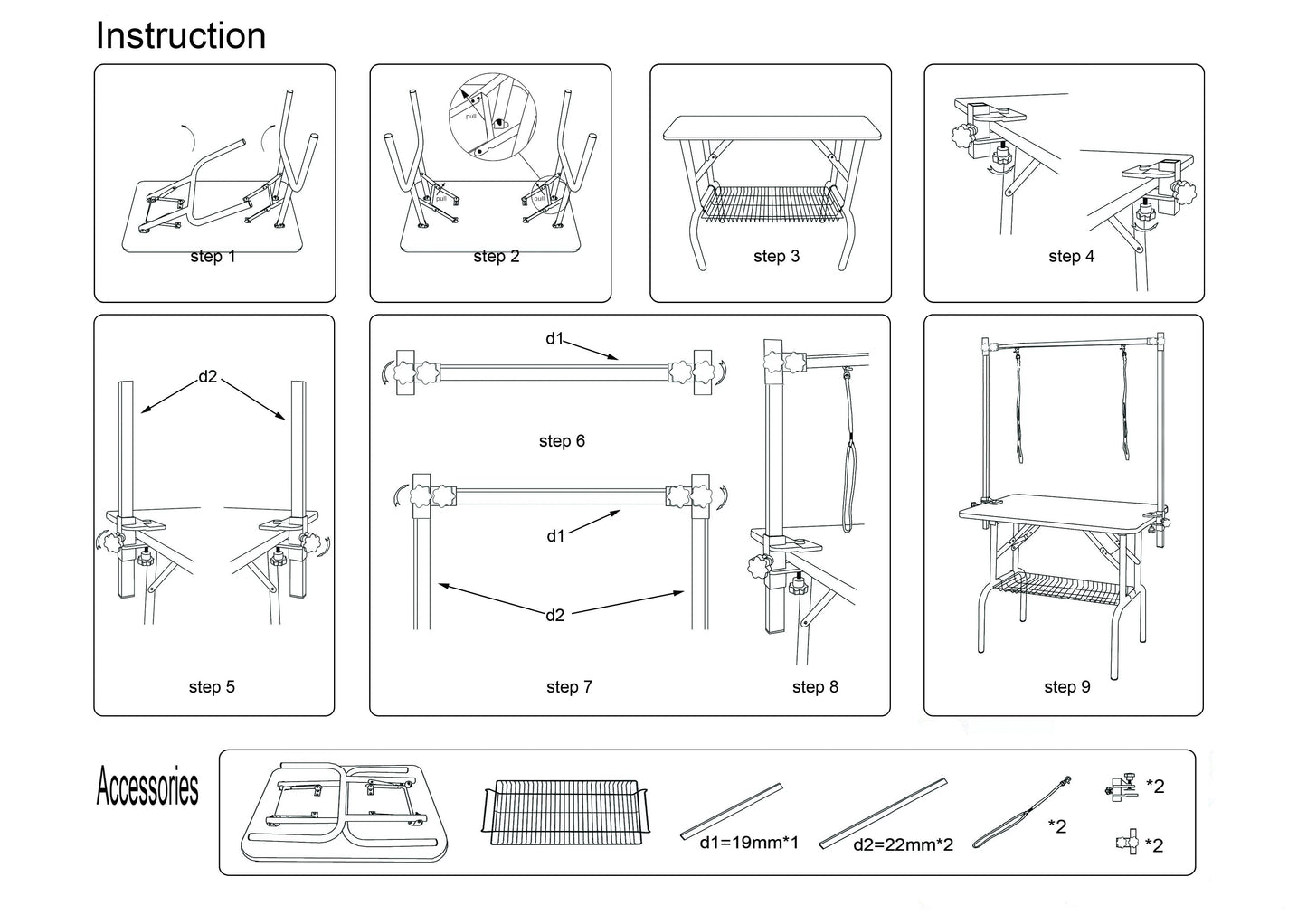 Instruction manual for a 36 inch folding pet grooming table with assembly steps and accessory guide