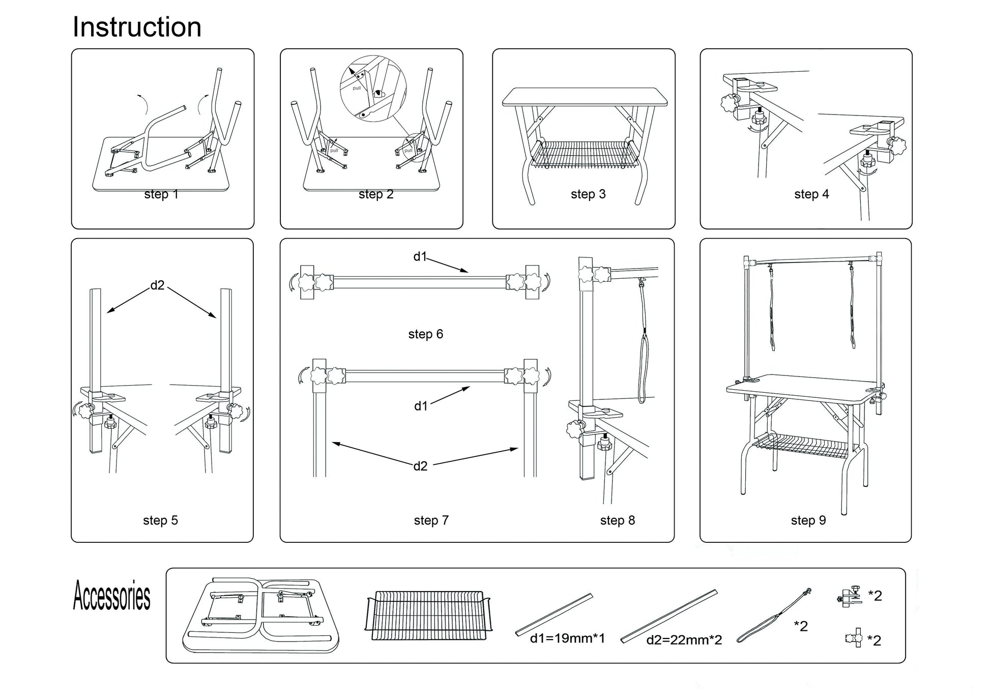 Instruction manual for a 36 inch folding pet grooming table with assembly steps and accessory guide