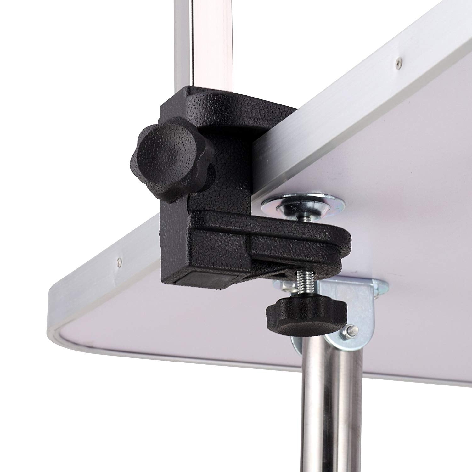 Close-up of adjustable clamp on a 36 inch folding pet grooming table