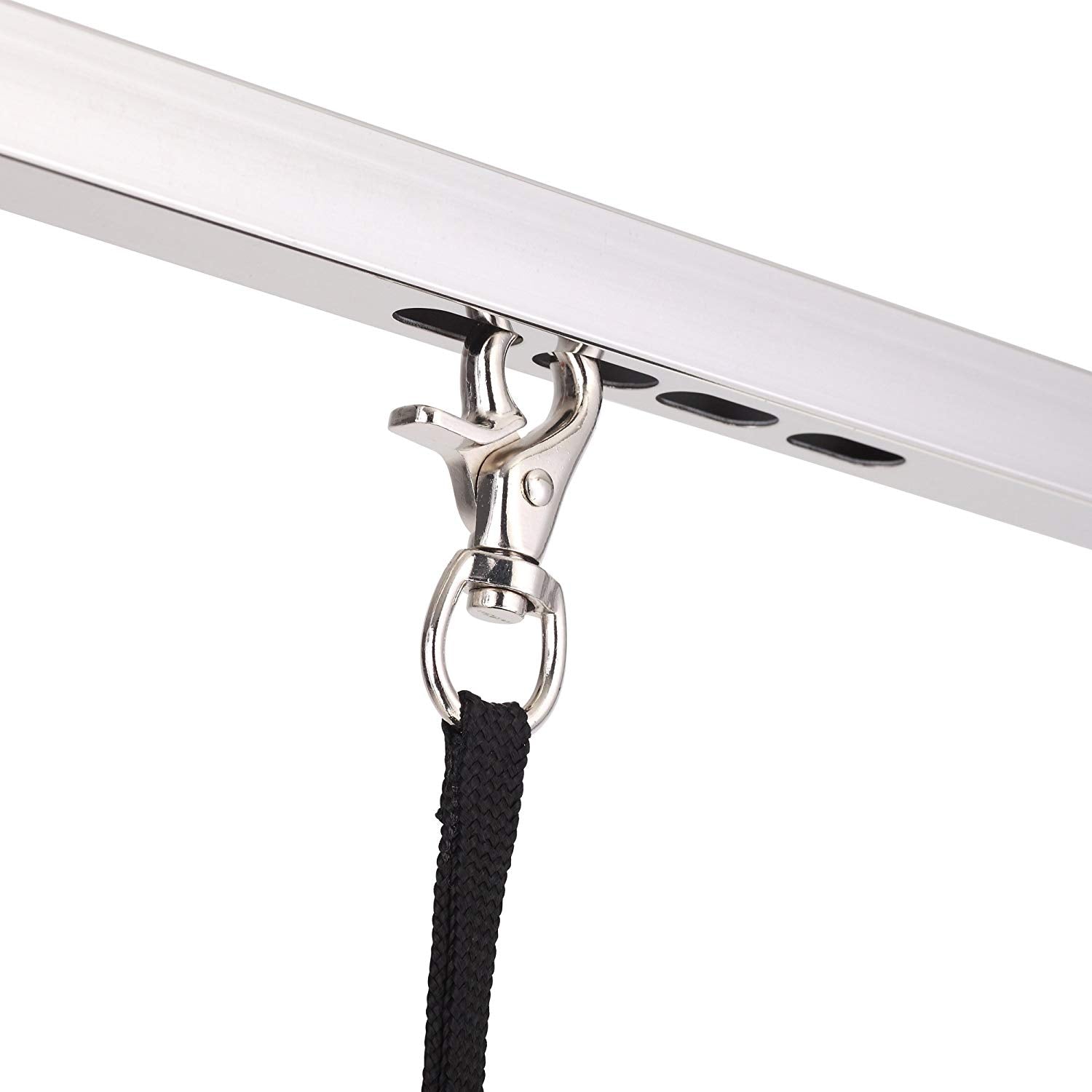 Close-up of the attachment clip on a 36 inch folding pet grooming table for secure pet handling