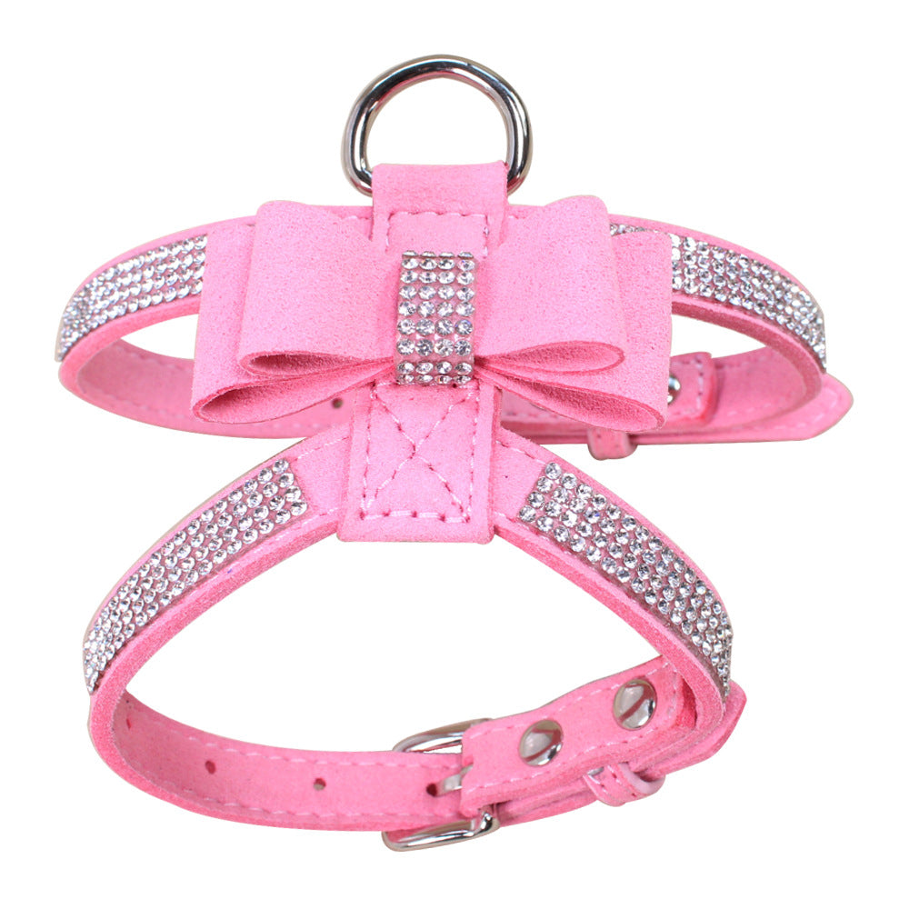Sparkling rhinestone bow pet chest strap, rhinestone dog chest strap, suede microfiber dog chain pet supplies