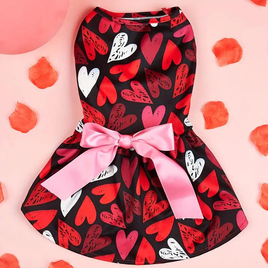 Festive Hearts Print with Pink Bow Pet Dress