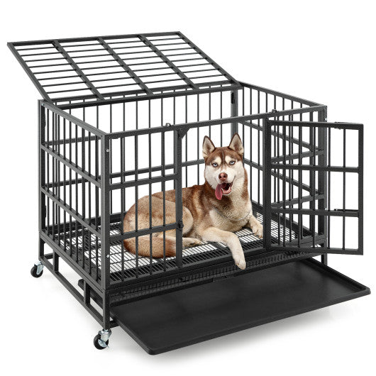 38 Inch Foldable Heavy-Duty Metal Dog Cage with Lockable Rolling Casters and Tray-38 inches