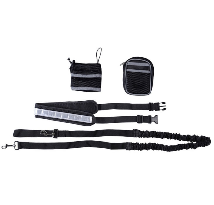 Estely black hands-free dog leash: reflective nylon waist belt, bungee lead, and two mesh storage pouches.