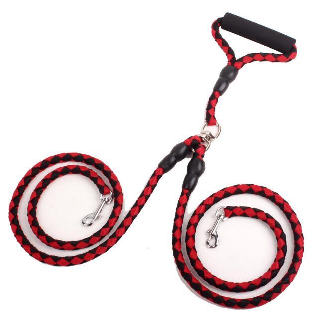 Estely red and black braided double dog leash with foam handle and swivel metal clips for walking two pets at once.