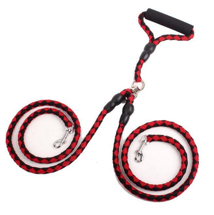 Estely red and black braided double dog leash with foam handle and swivel metal clips for walking two pets at once.