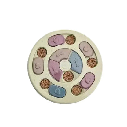 Purrfect Pet Kingdom round cream plastic dog puzzle bowl with pastel sliding lids and kibble compartments.