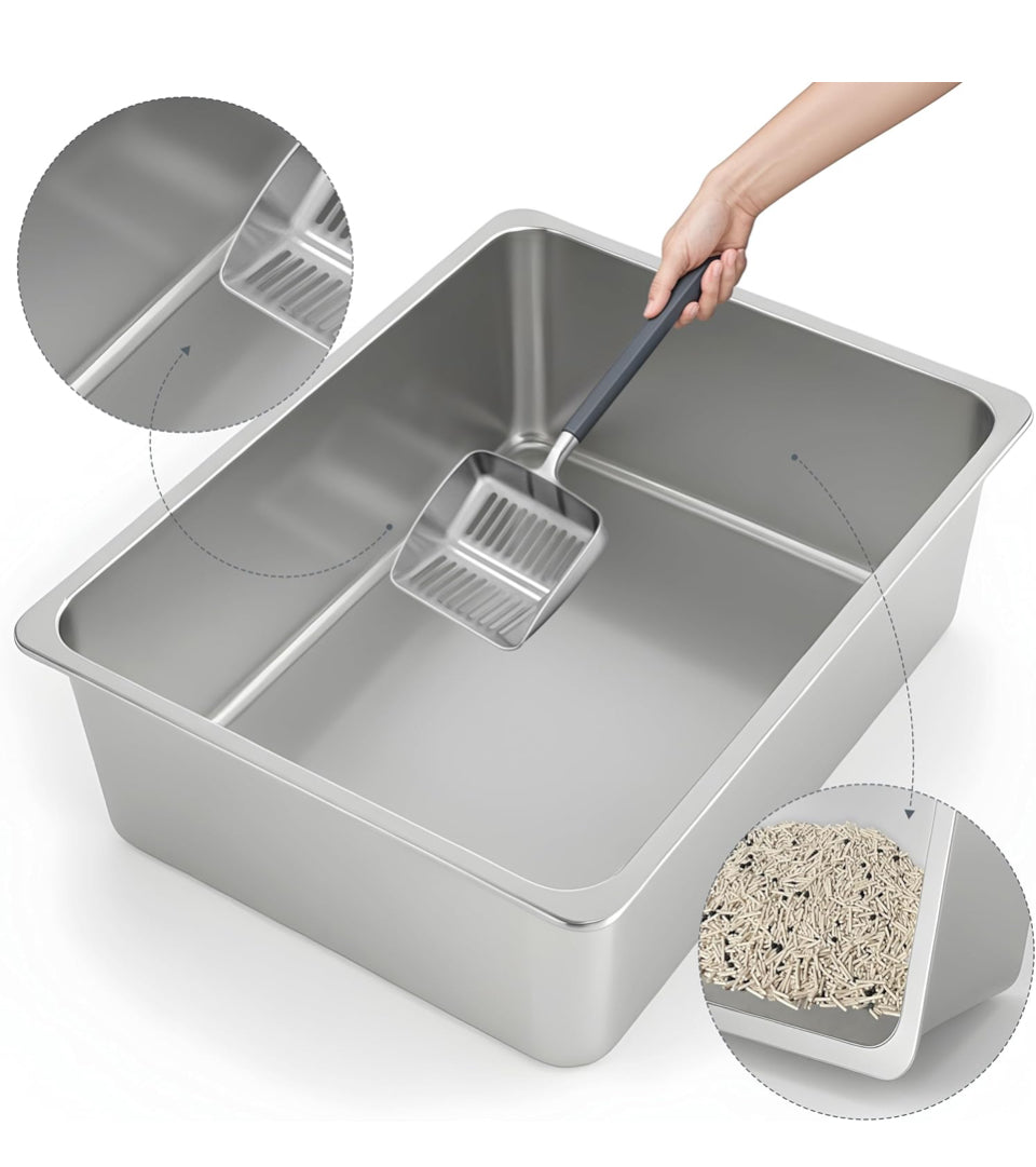 Open Box Kirecoo Stainless Steel Cat Litter Box XL- Metal High Sided Cat Pan, Large Stainless Steel Box, Indoor Litter Tray, Non Stick, No Smell, Easy