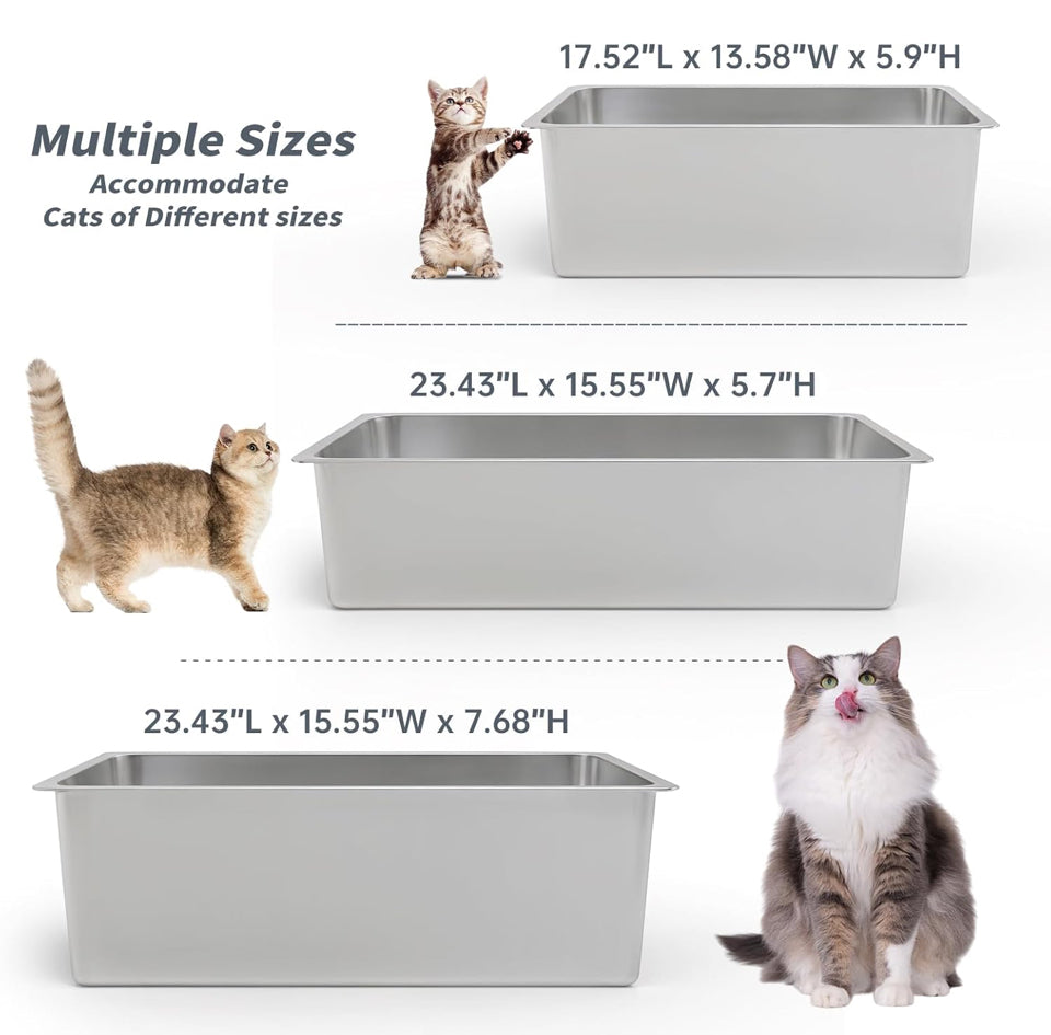 Open Box Kirecoo Stainless Steel Cat Litter Box XL- Metal High Sided Cat Pan, Large Stainless Steel Box, Indoor Litter Tray, Non Stick, No Smell, Easy