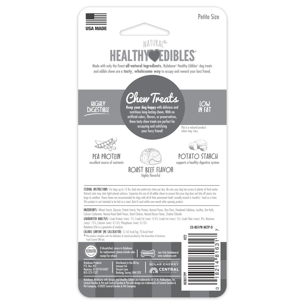 Nylabone Healthy Edibles All - Natural Long Lasting Roast Beef Dog Chew Treats (3pk) (1.5oz) - Nylabone Chewy Dog Treats - The Family Pet