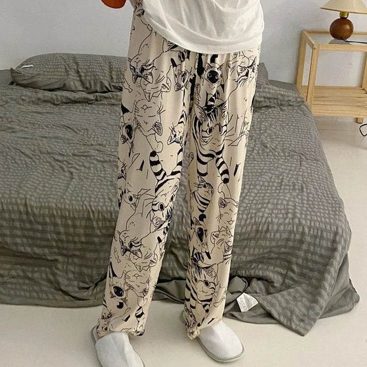 Cute Cat Print Pajama Trousers for Women Loose Fit Sleepwear Lounge Pants