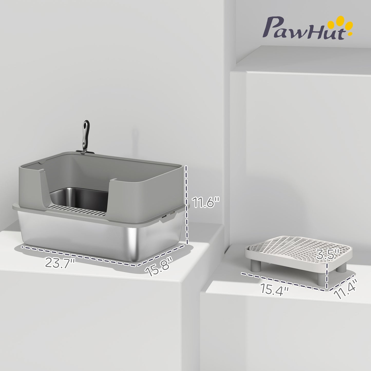 Stainless Steel Litter Box - High Sided Metal Box with Scoop