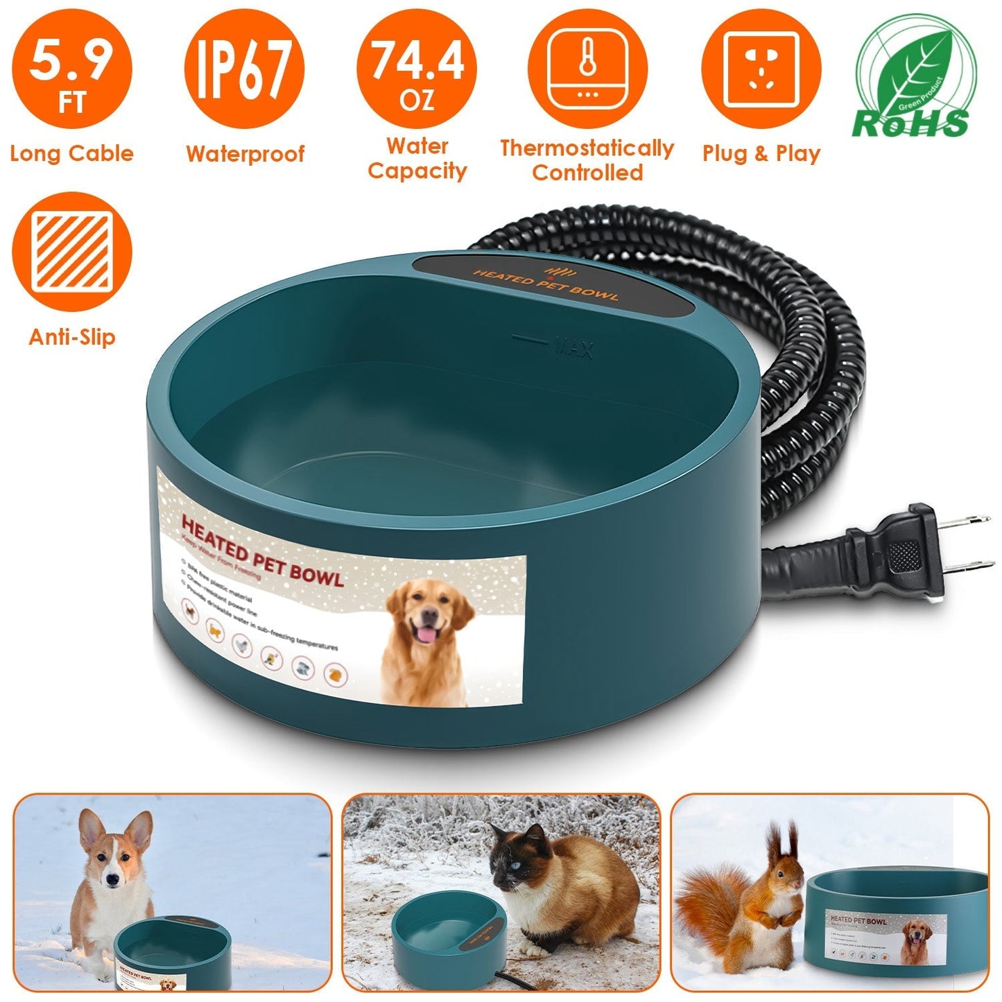 Heated Water Bowl for Dog Cat 74.4OZ Heating Water Dish IP67