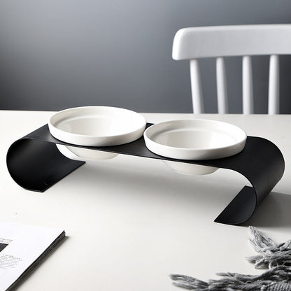 Elevated Double Ceramic Cat Bowls with Luxury Iron Stand