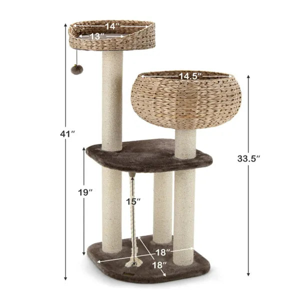 41" brown multi-level cat tree with woven hyacinth baskets, sisal posts, and plush platforms. Dimensions labeled.