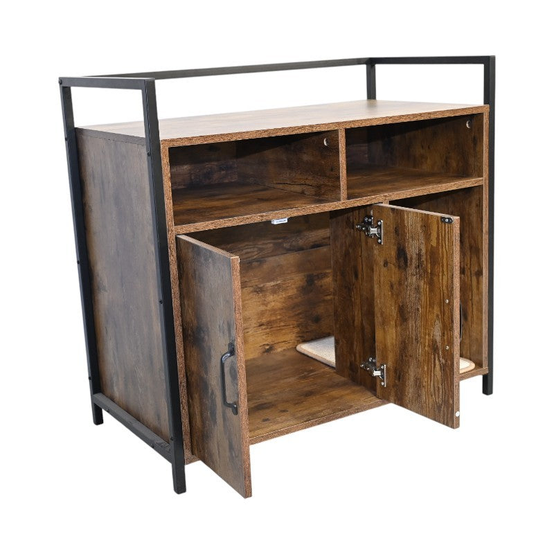 Rustic Brown Wooden Cat Litter Box Enclosure, Spacious Hidden Cat