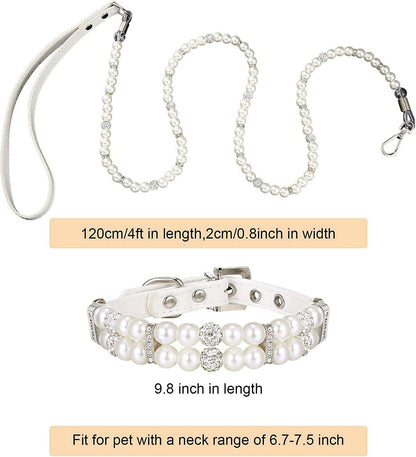 Dog Collar Leash Set Pearl 2 Pcs Necklace PU Leather 💎