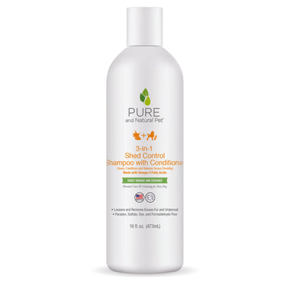 16oz white plastic bottle of Purrfect Pet Kingdom 3-in-1 Shed Control Dog Shampoo, Orange & Coconut.