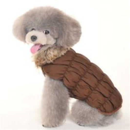 Ruched Bubble Brown Faux Fur Collar Dog Jacket