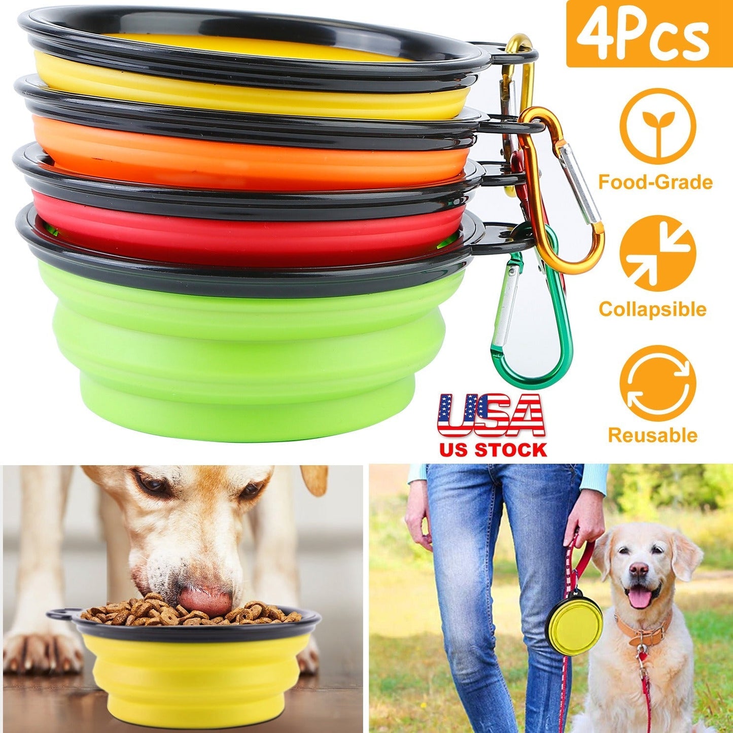 4Pcs Silicone Collapsible Dog Bowls BPA Free Travel Dog Bowl