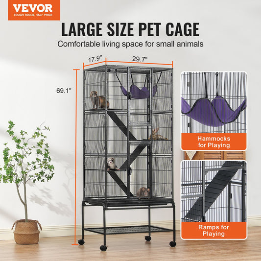 69' Metal Small Animal Cage 4-Tier Rolling Ferret Cage With Tray 3 Ramps