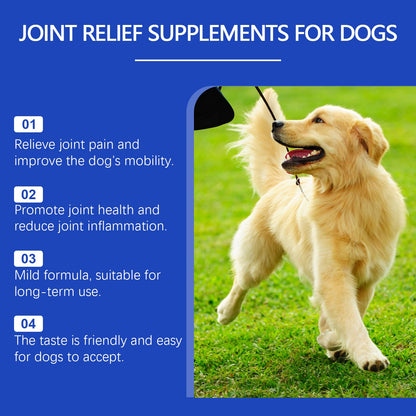 Blue Purrfect Pet Kingdom dog joint supplement ad with a golden retriever running and 4 listed mobility benefits.