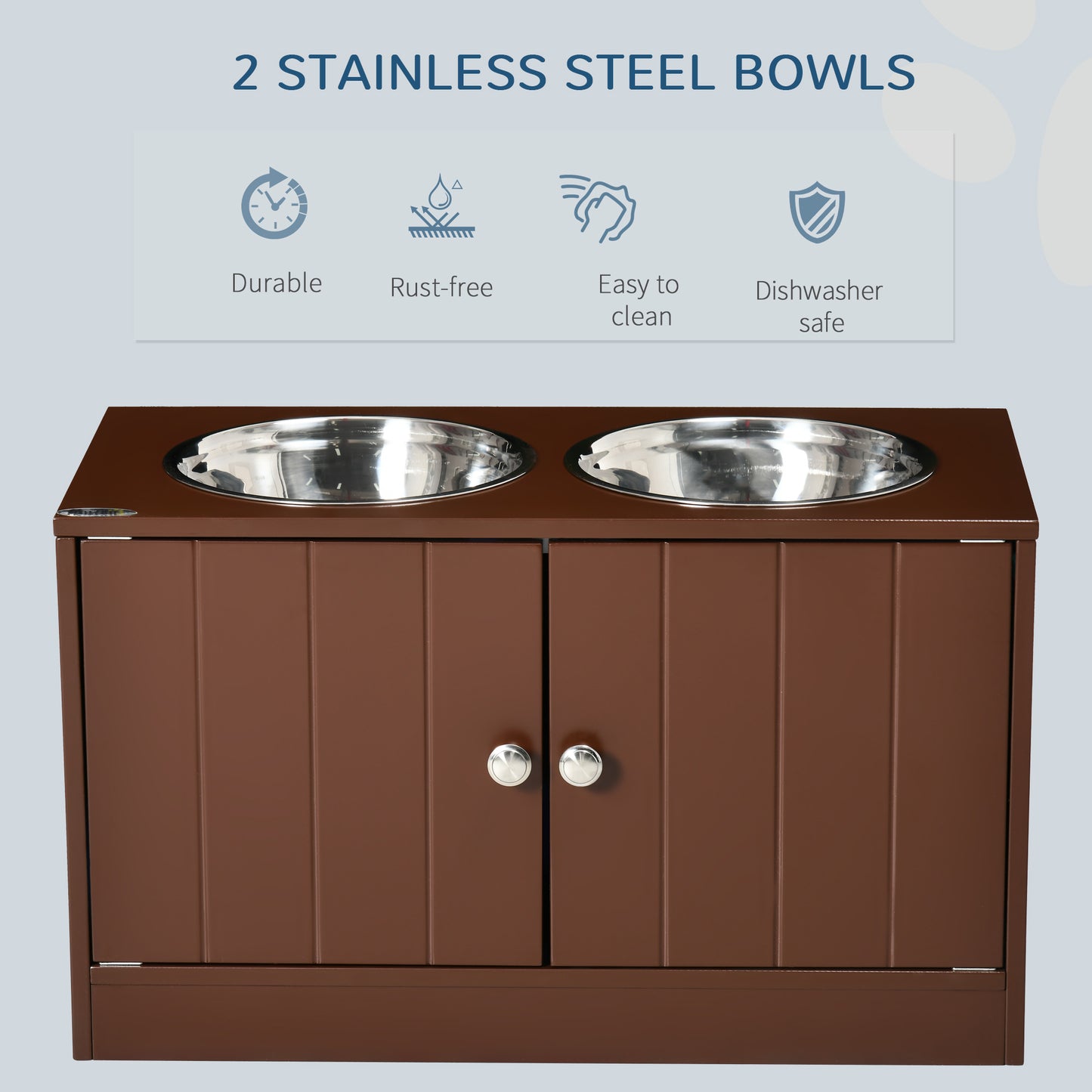 Brown wooden raised dog bowl stand with two stainless steel bowls and a storage cabinet with silver knobs.