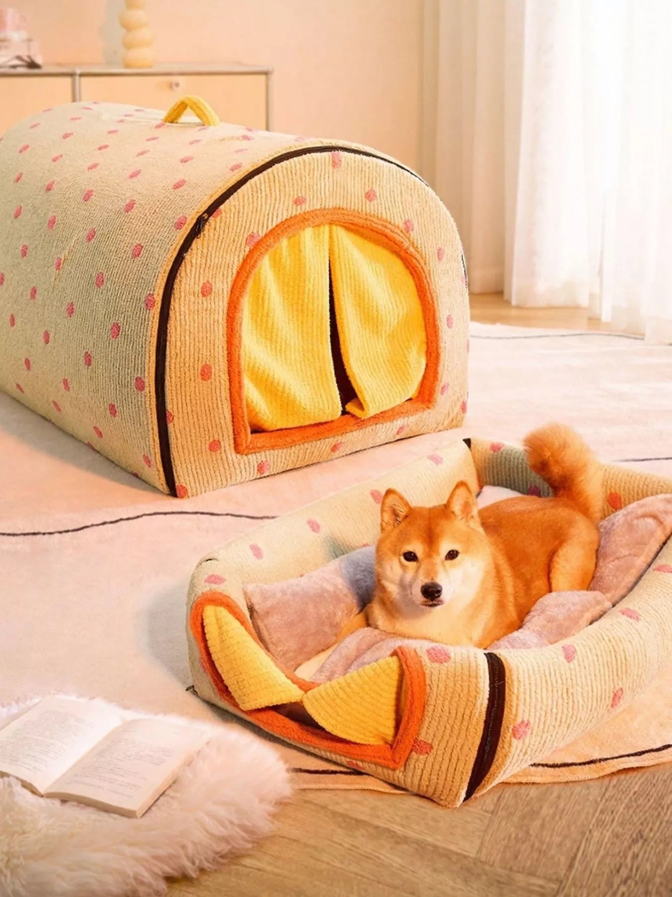Cozy Polka Dot Pet Bed Cave with Handle