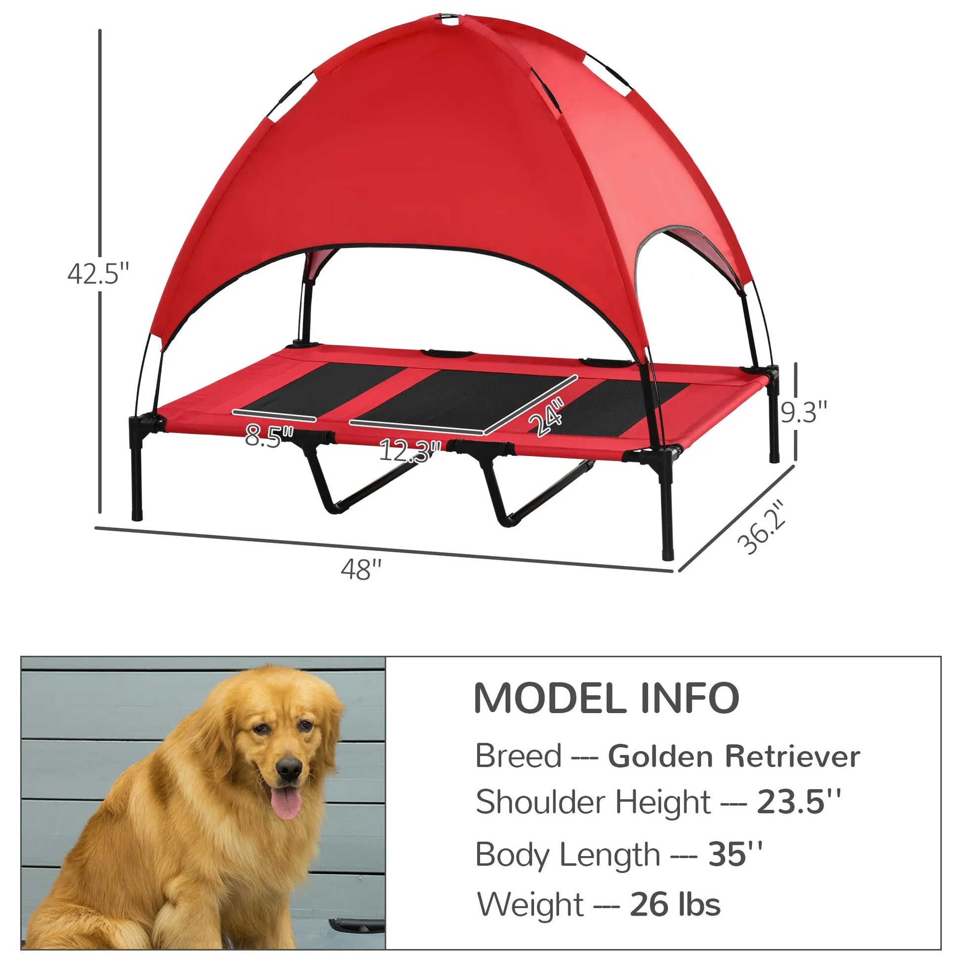 Elevated 48x36 cooling dog bed in red by Purrfect Pet Kingdom, perfect for large pets, featuring a heavy-duty cot design.