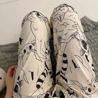 Cute Cat Print Pajama Trousers for Women Loose Fit Sleepwear Lounge Pants