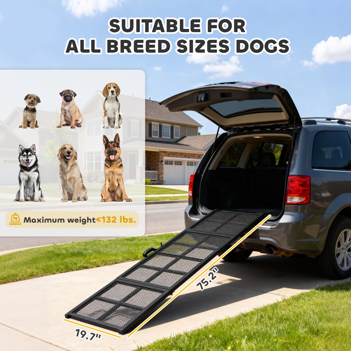 Dog Car Ramp, 75" x 20" Extra Long and Wide, Non-Slip Surface, Folding Portable Pet Ramp for Large, Small & Senior Dogs