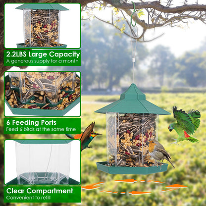 Hanging Gazebo Wild Bird Feeder Outdoor Bird Seed Station with Large Capacity 6 Feeder Ports for Garden Patio Park Weatherproof Easy To Refill