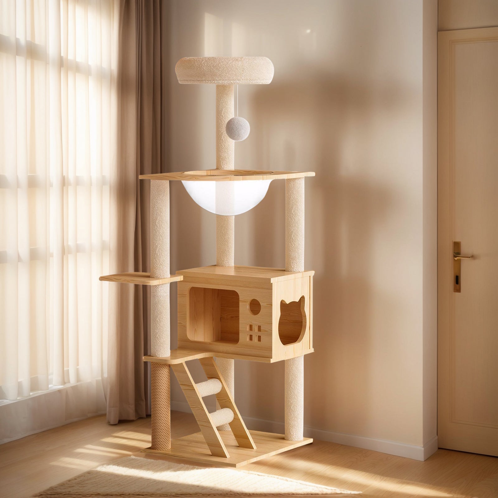 HouseOfZazla 5-level light wood cat tower with condo, clear bowl hammock, sisal posts, and plush top perch.