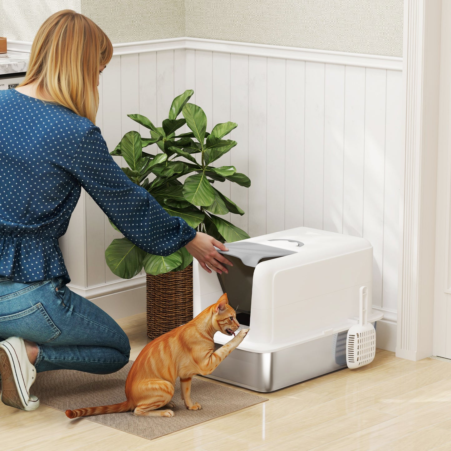 Cat Litter Box Stainless Steel – 2-in-1 Enclosed Sifting Pan