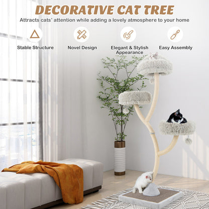 70" Max & Rex Collection metal tree tower with 3 gray plush perches and sisal trunk, featuring 3 cats using it.