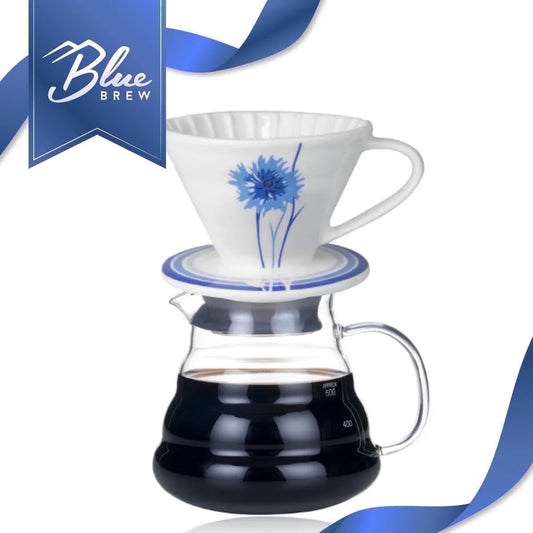 BLUE BREW Ceramic Pour Over Coffee Dripper & Borosilicate Glass Server Set – Premium Single - Serve Coffee Maker with Heat - Resistant Carafe - Elevate Marketplace - Glass Coffee Carafe + Coffee Dripper - c2c99f19 - a74b - 4973 - aecd - 90565550b360