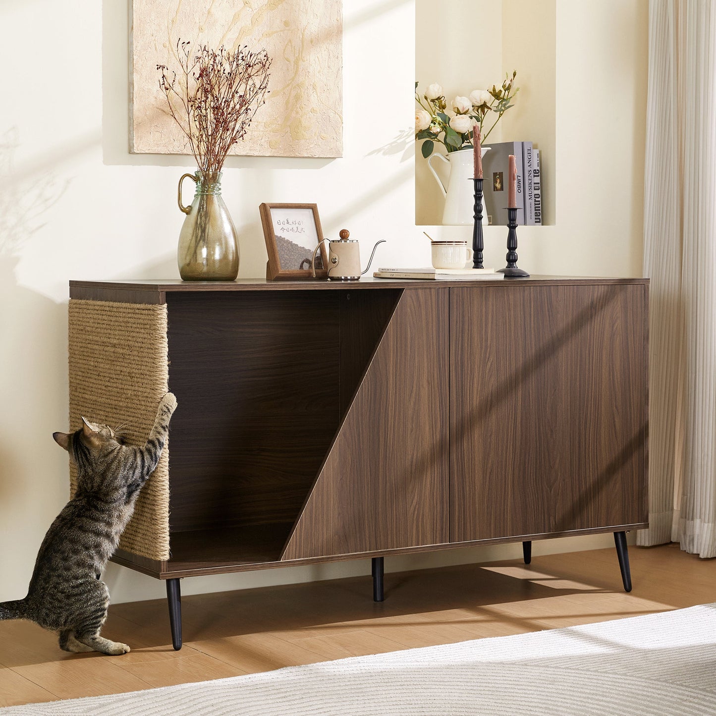 Cat Furniture 2 IN 1 Modern Walnut Cabinet Side Table With