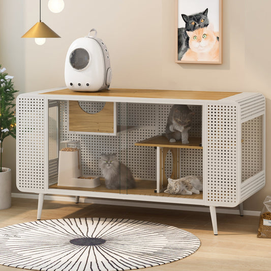 55.12' Spacious Cat House With Tempered Glass (White)