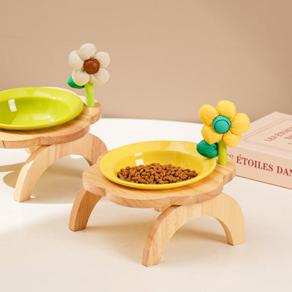 Purrfect Pet Kingdom Cat Food Bowl With Wood Holder Stand Flower Shaped Ceramic F (Cyan) - Premium Pet Bowls & Feeders