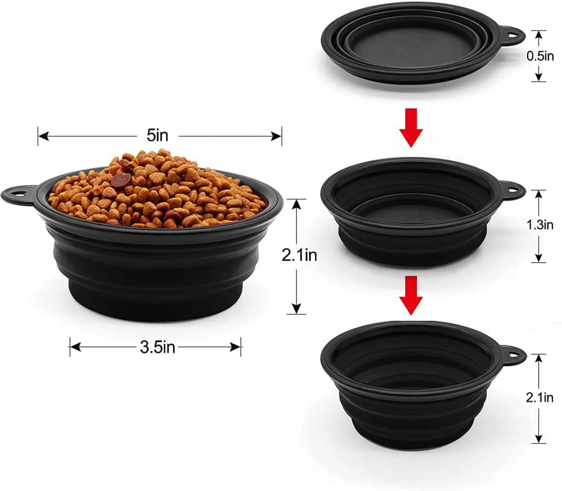 5" portable and foldable small dog bowl in black by Vibhsa, perfect for travel; set of 5 bowls for dogs.